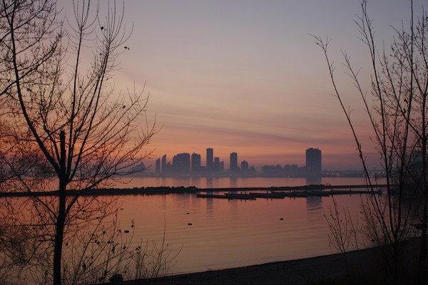 sunset with skyline in the fog