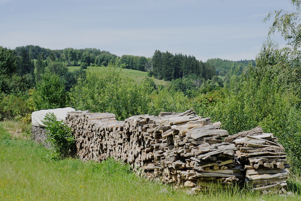 large pile of fire wood with green hills in the background