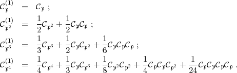  (1)
Cp   =   Cp ;
C(1) =   1C 2 + 1C C  ;
 p2      2  p   2  p p
 (1)     1-     1-       1-
Cp3  =   3Cp3 + 2CpCp2 + 6CpCpCp ;
 (1)     1      1        1         1           1
Cp4  =   4Cp4 + 3CpCp3 + 8Cp2Cp2 + 4CpCpCp2 + 24CpCpCpCp  .
