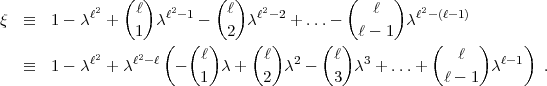            l2  (l )  l2-1   (l)  l2- 2       (  l  )  l2- (l-1)
q   =_  1 - c  +   1 c     -  2  c    + ...-   l- 1  c
                    (  (  )    (  )     (  )          (     )    )
    =_  1 - cl2 + cl2-l -  l c +   l c2 -   l c3 + ...+    l   cl-1   .
                         1       2        3            l - 1
